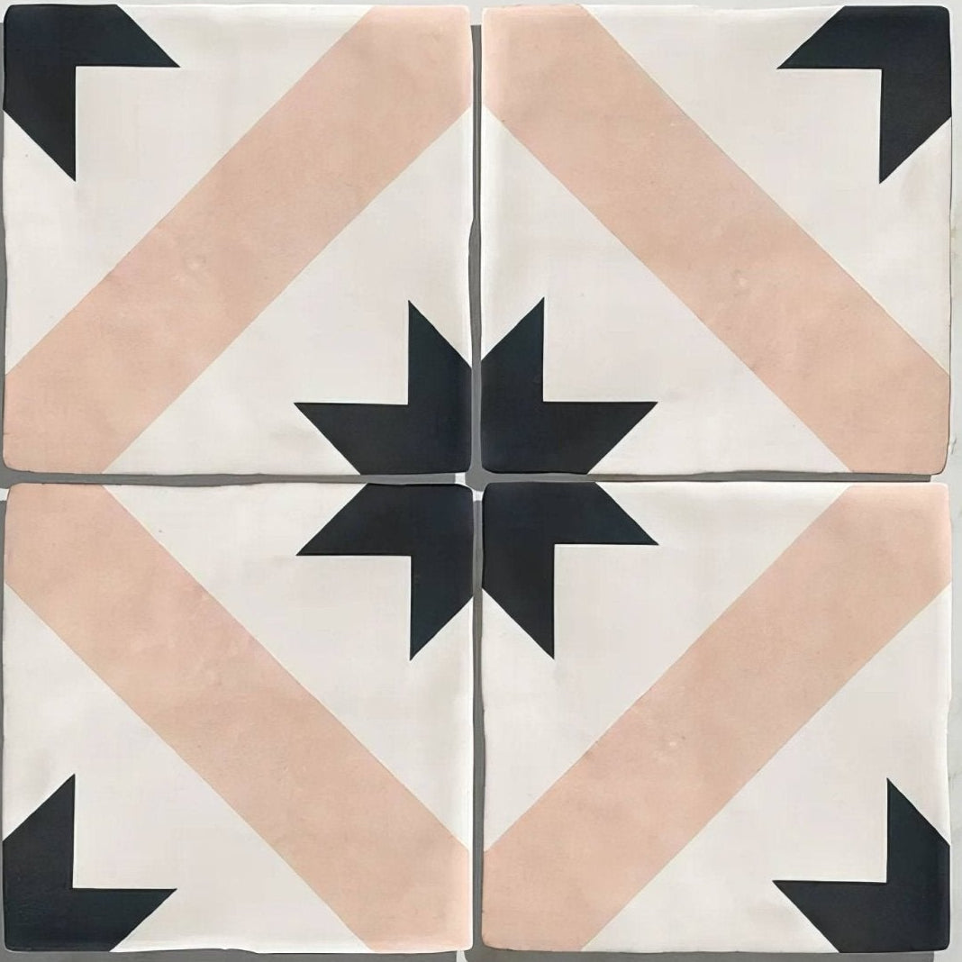 Studio étoile blue star ceramic four-patch floor tile set with geometric starburst design in black blush pink and off-white