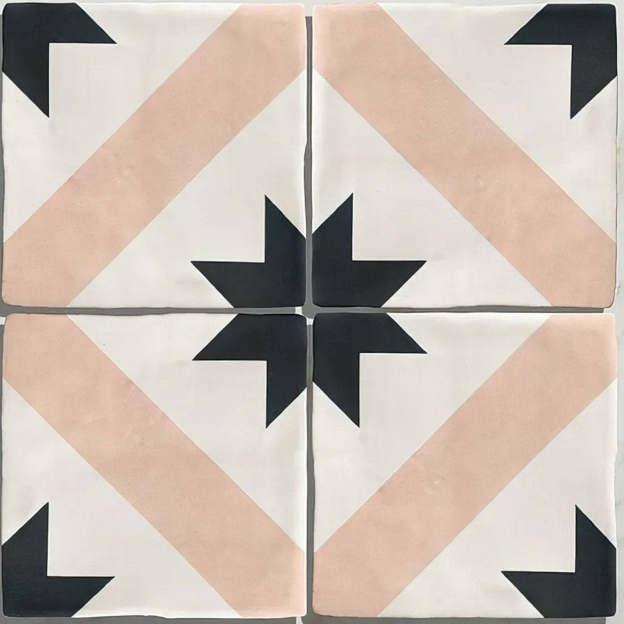 Studio étoile blue star ceramic four-patch floor tile set with geometric starburst design in black blush pink and off-white