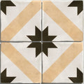 Studio étoile brown star ceramic four-square tile set with white base beige stripes and dark brown starburst pattern