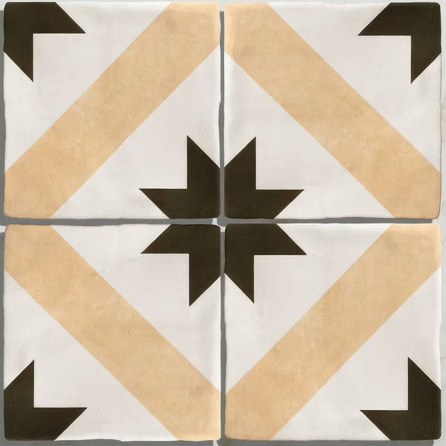 Studio étoile brown star ceramic four-square tile set with white base beige stripes and dark brown starburst pattern