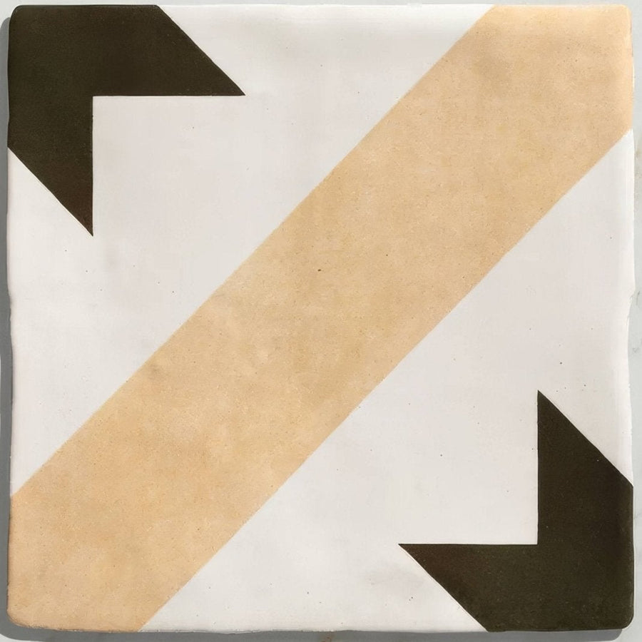 Studio étoile brown star ceramic tile with white base, diagonal beige stripe, and dark brown arrowhead corners