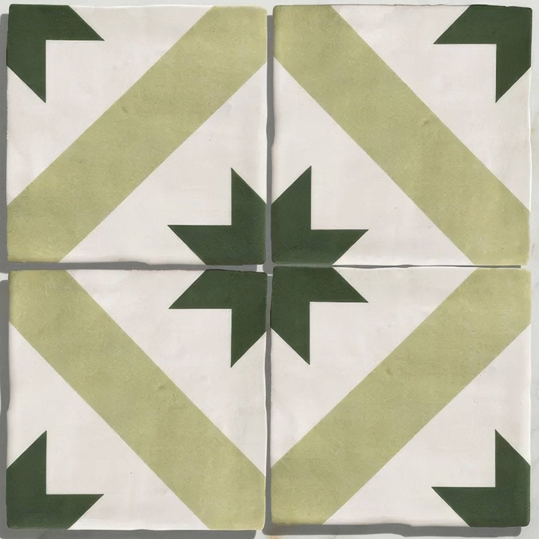 Studio étoile green star ceramic floor tile with white and olive green geometric starburst pattern made of ceramic