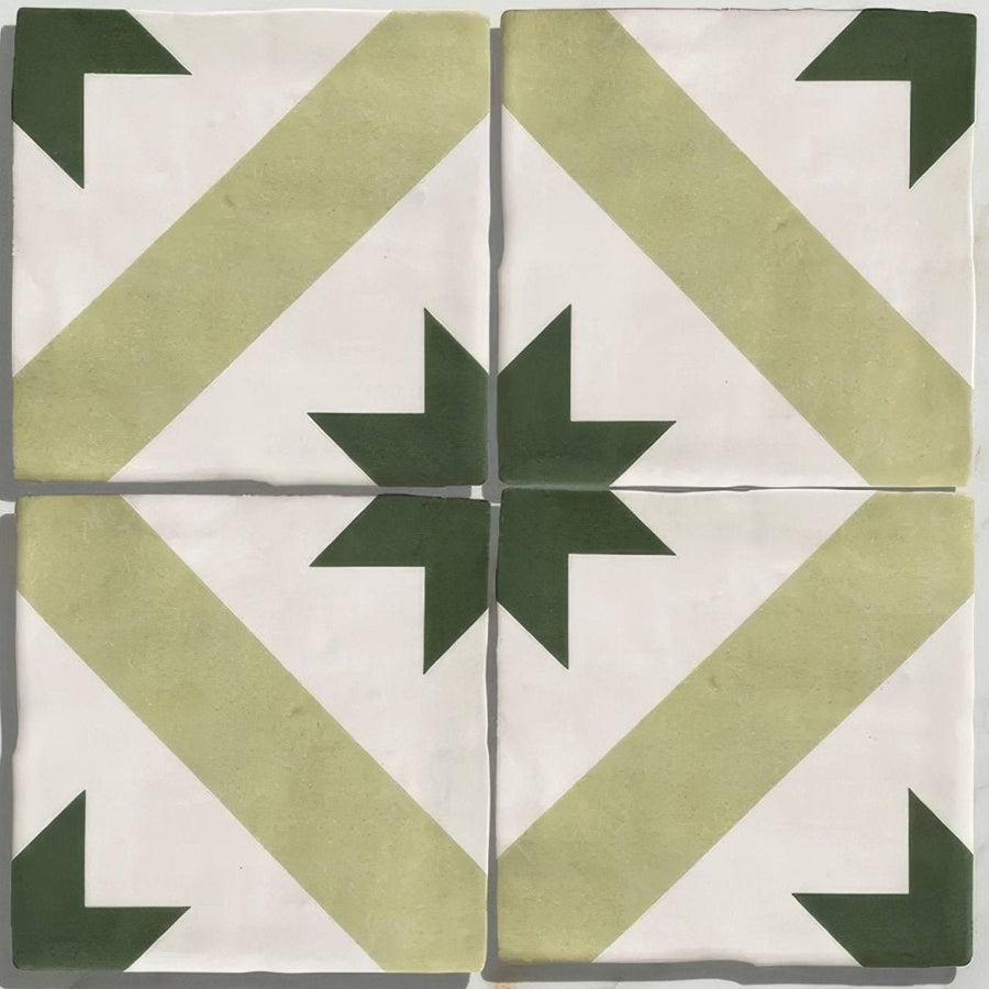 Studio étoile green star ceramic floor tile with white and olive green geometric starburst pattern made of ceramic