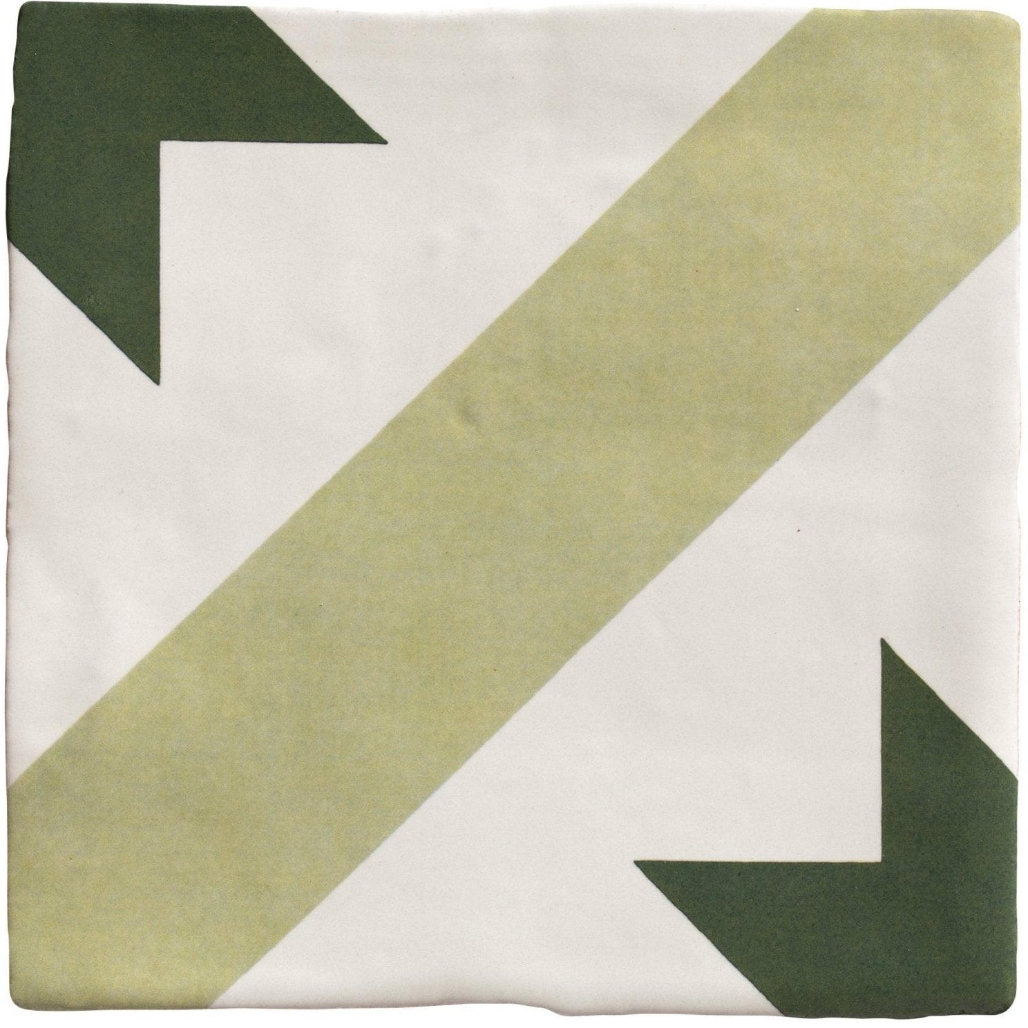 A square studio étoile green star ceramic tile with a white base and bold olive green and dark forest green diagonal stripes