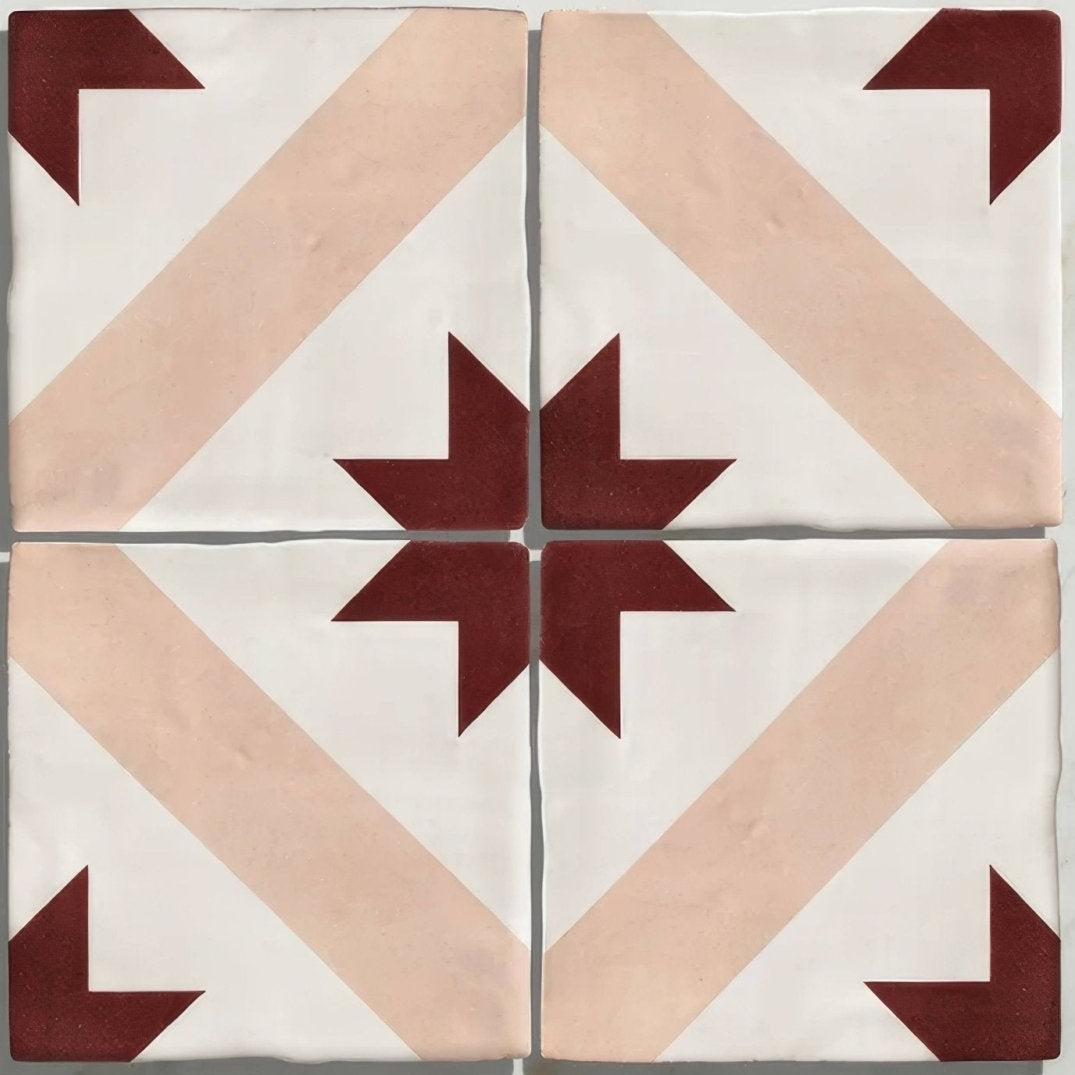 Studio étoile red star ceramic four-square vintage-style floor tile with white base blush pink stripes and burgundy starburst pattern