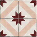 Studio étoile red star ceramic four-square vintage-style floor tile with white base blush pink stripes and burgundy starburst pattern