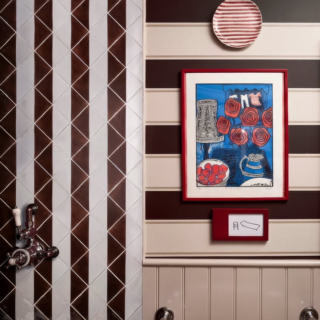 Red-framed studio jamboree handpainted ceramic chocolate tri featuring stylized red roses and blue still life elements