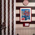Red-framed studio jamboree handpainted ceramic chocolate tri featuring stylized red roses and blue still life elements