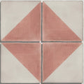 Studio jamboree handpainted ceramic coral tri square tile with four pink triangles in a diamond pattern on white background