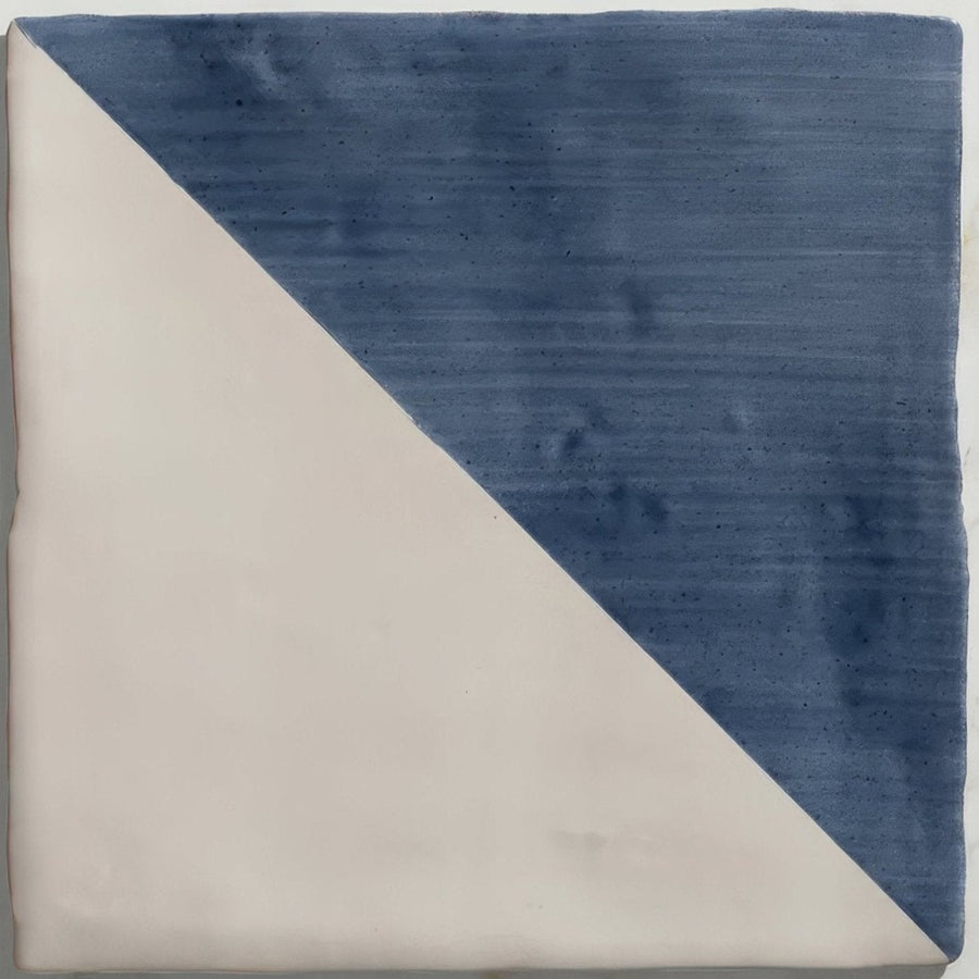 Studio jamboree handpainted ceramic denim tri square tile with diagonal split half textured navy blue half smooth off white