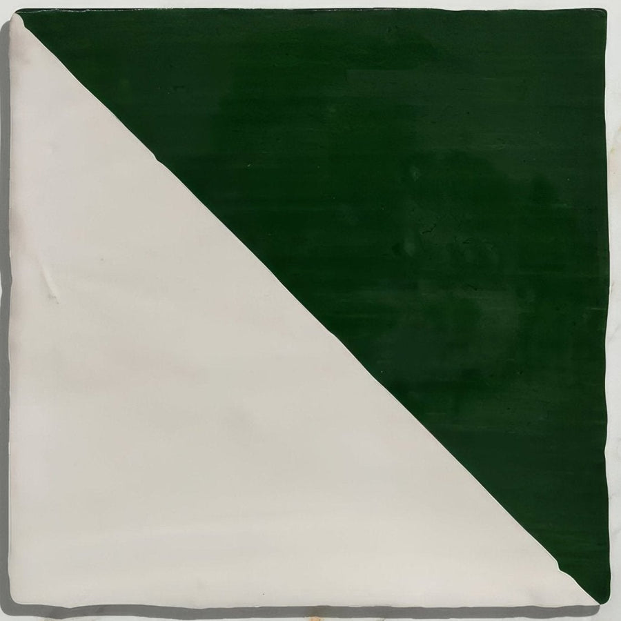 Studio Jamboree handpainted ceramic holly tri tile with bold diagonal deep forest green and off-white matte split design
