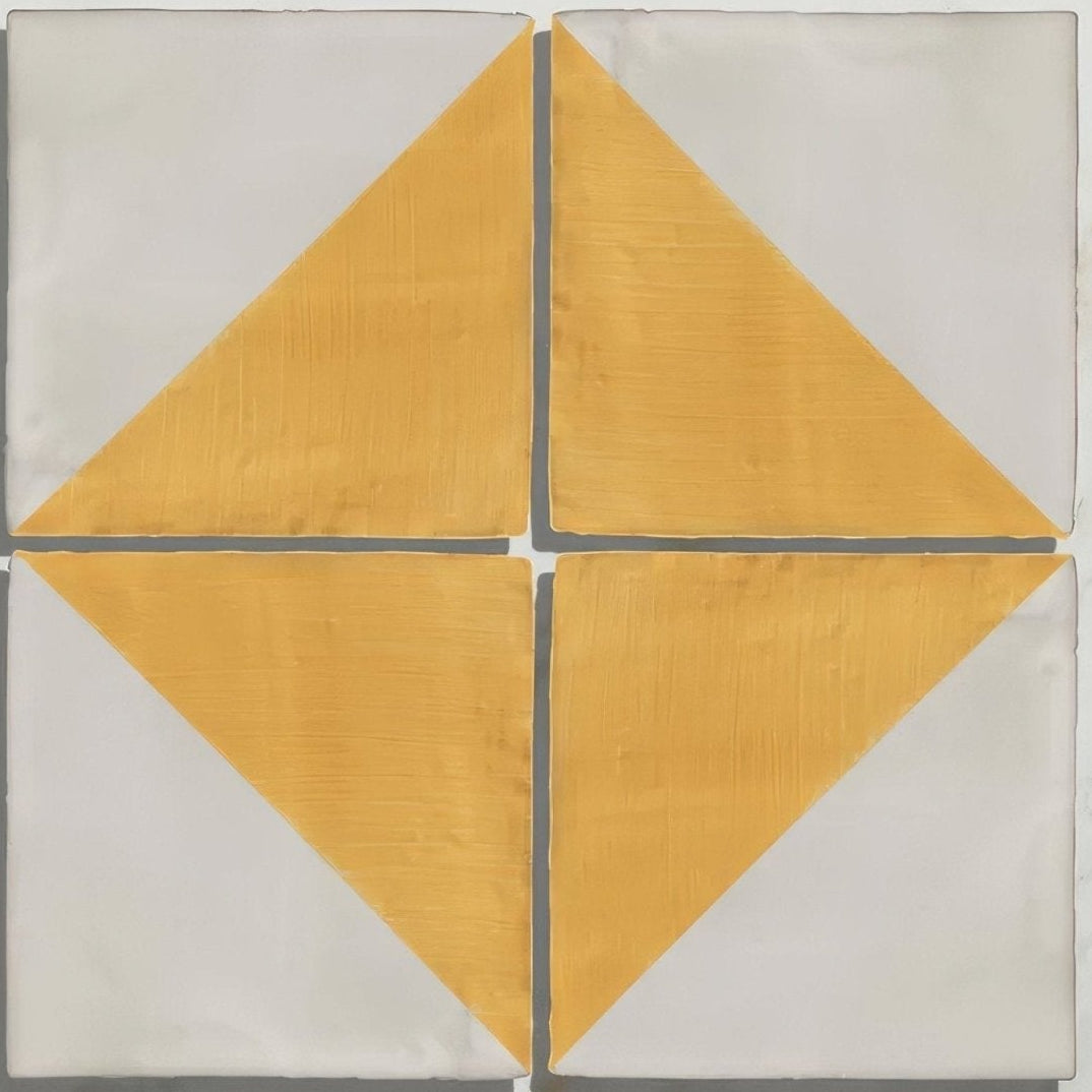 Studio jamboree handpainted ceramic summer tri four square tiles with mustard yellow geometric diamond pattern