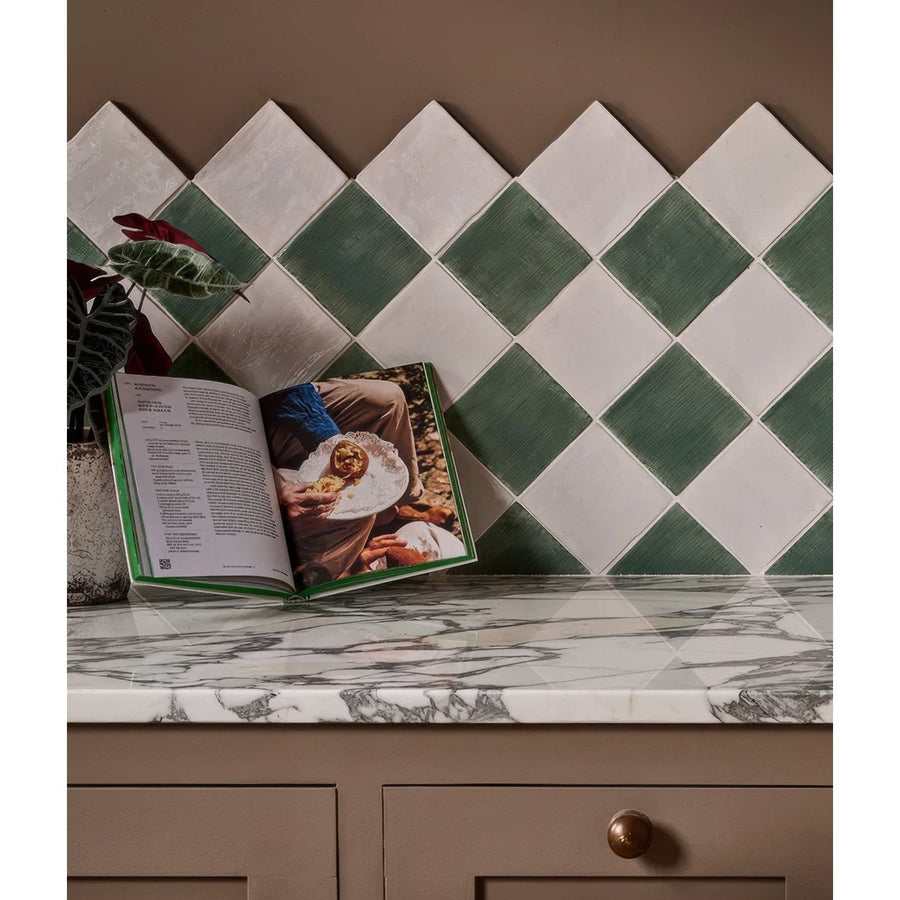 Studio jamboree handpainted ceramic thyme field green and white diamond patterned ceramic tiles