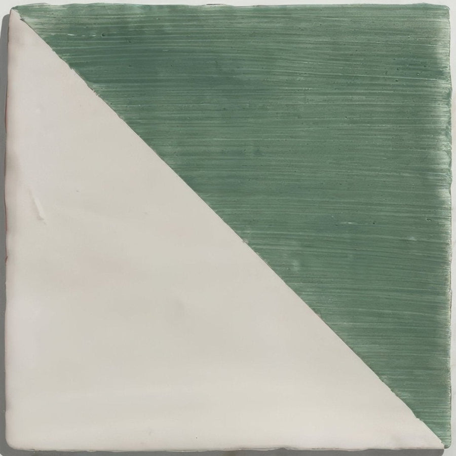 Studio jamboree handpainted ceramic thyme tri square tile with diagonal split half textured sage green half smooth off-white