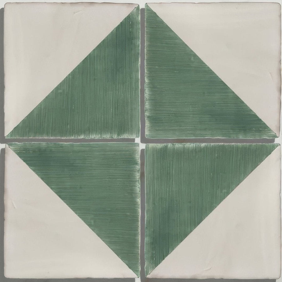 Square handpainted ceramic tile studio jamboree thyme tri with geometric white and muted green triangles and brushstroke texture