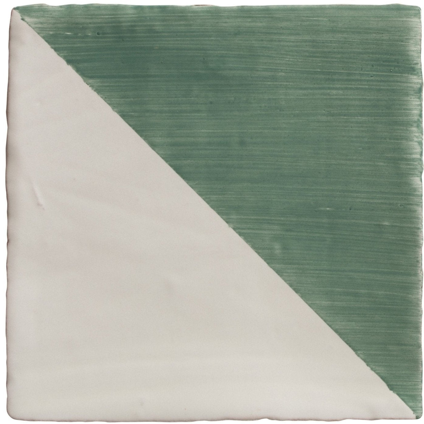 Studio jamboree handpainted ceramic thyme tri square tile with diagonal split matte white and textured sage green sides