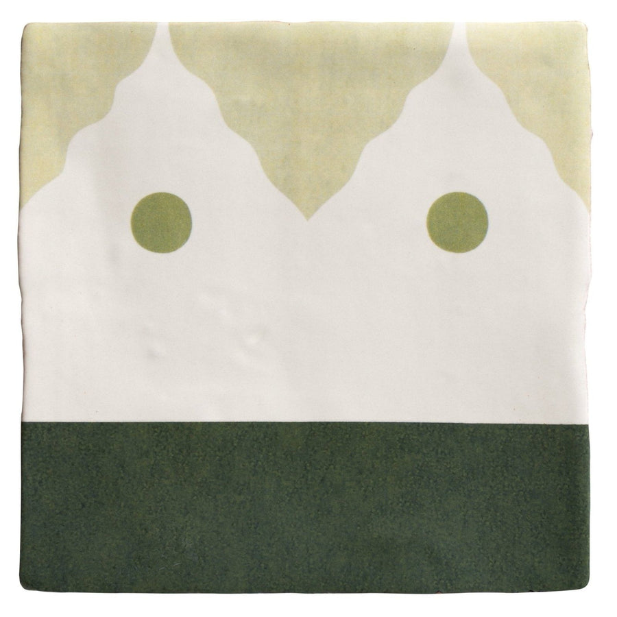 Studio minaret green dot ceramic square tile with white center olive green dots and pale yellow green patterned top