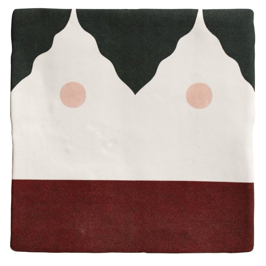 Studio minaret pink dot ceramic abstract rug in black white and burgundy with stylized face shapes