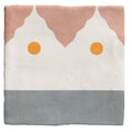 A soft textile blanket with modern geometric pattern in muted pink white gray and bright orange circles from studio minaret yellow dot ceramic