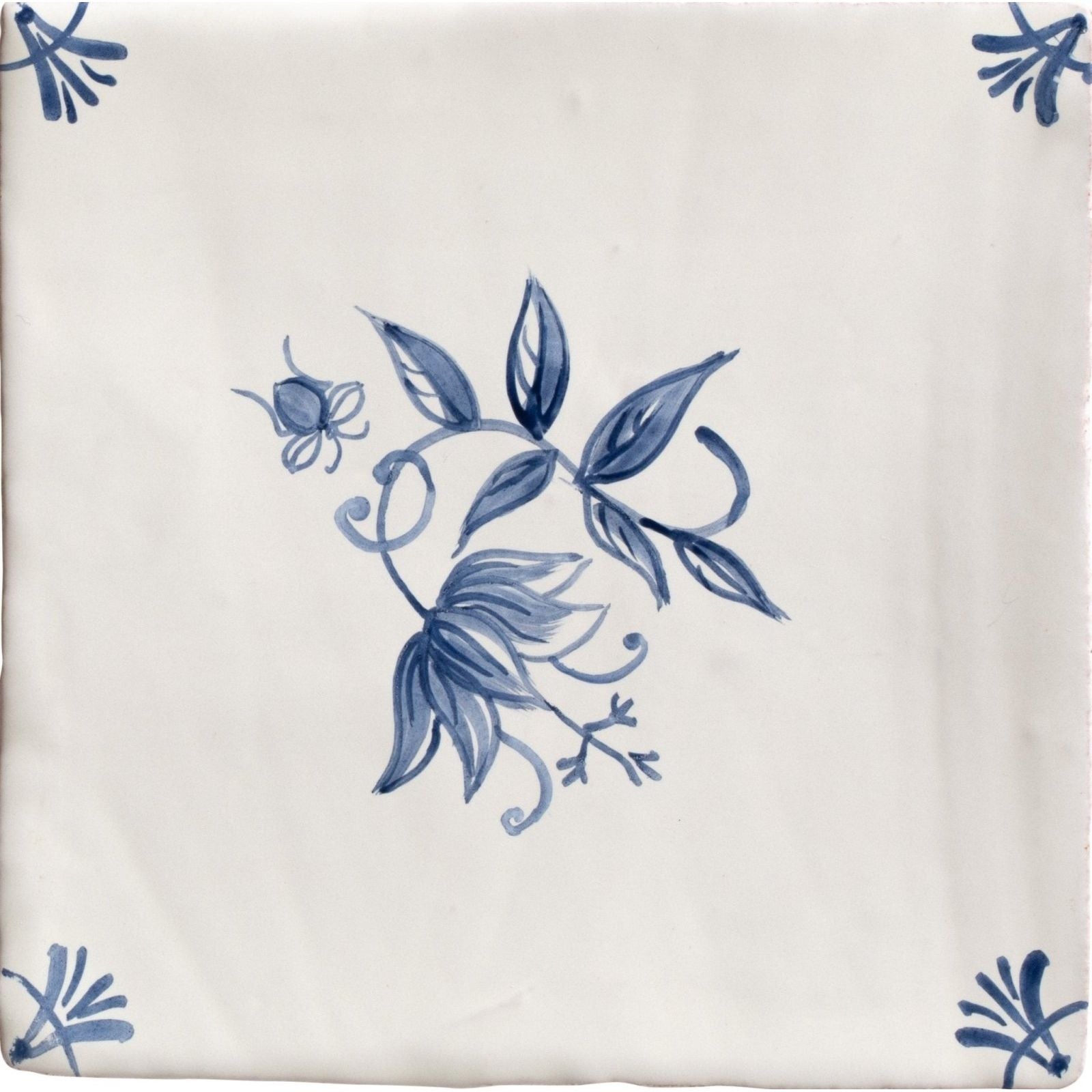 Studio Nonna’s Kitchen Classica ceramic tile in cream with delicate blue floral and leaf patterns and corner motifs