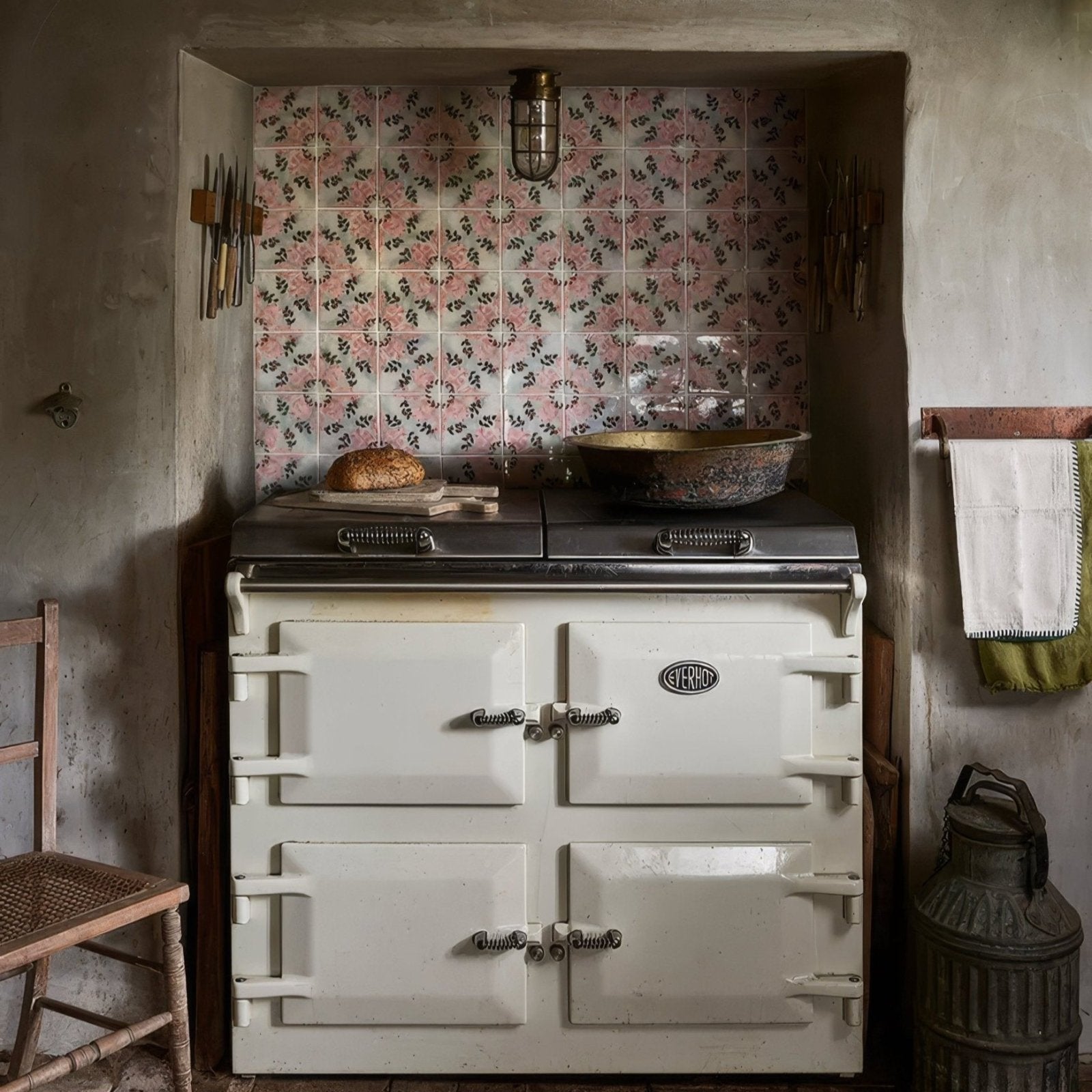 White enamel aga range with silver handles and vintage logo featured in Studio Nonna’s Kitchen Nuvola Melograno ceramic set