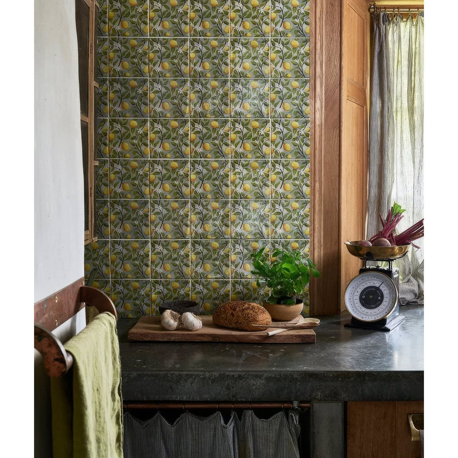 Studio Nonna’s Kitchen Sorrento Azzuro ceramic green and yellow lemon pattern vintage botanical tiles