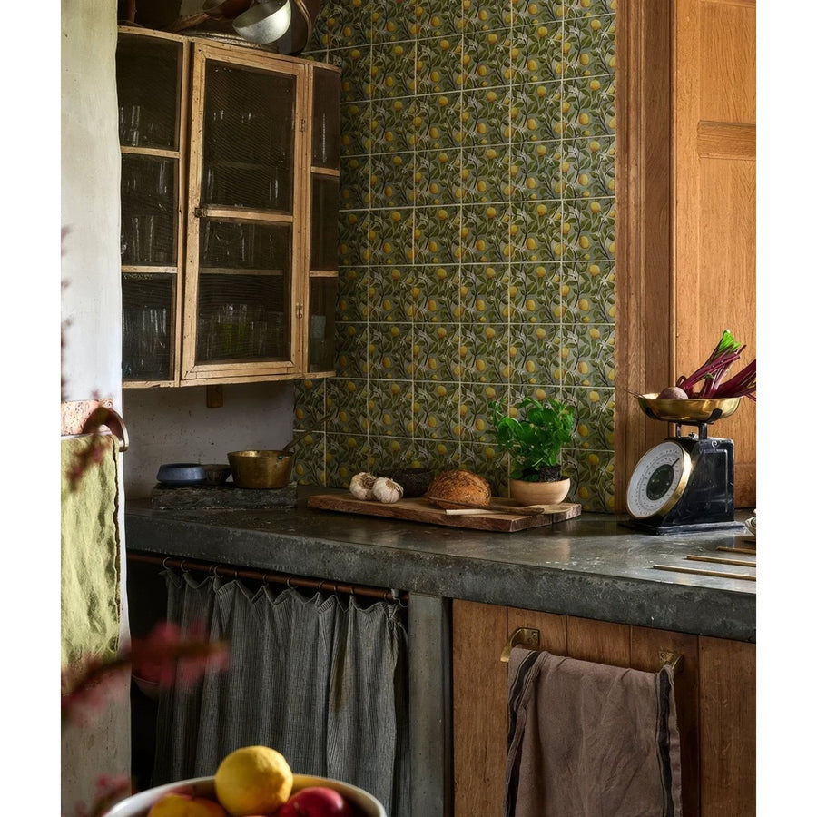 Studio nonnas kitchen sorrento azzuro ceramic green patterned tiles with vintage lemon design for kitchen walls