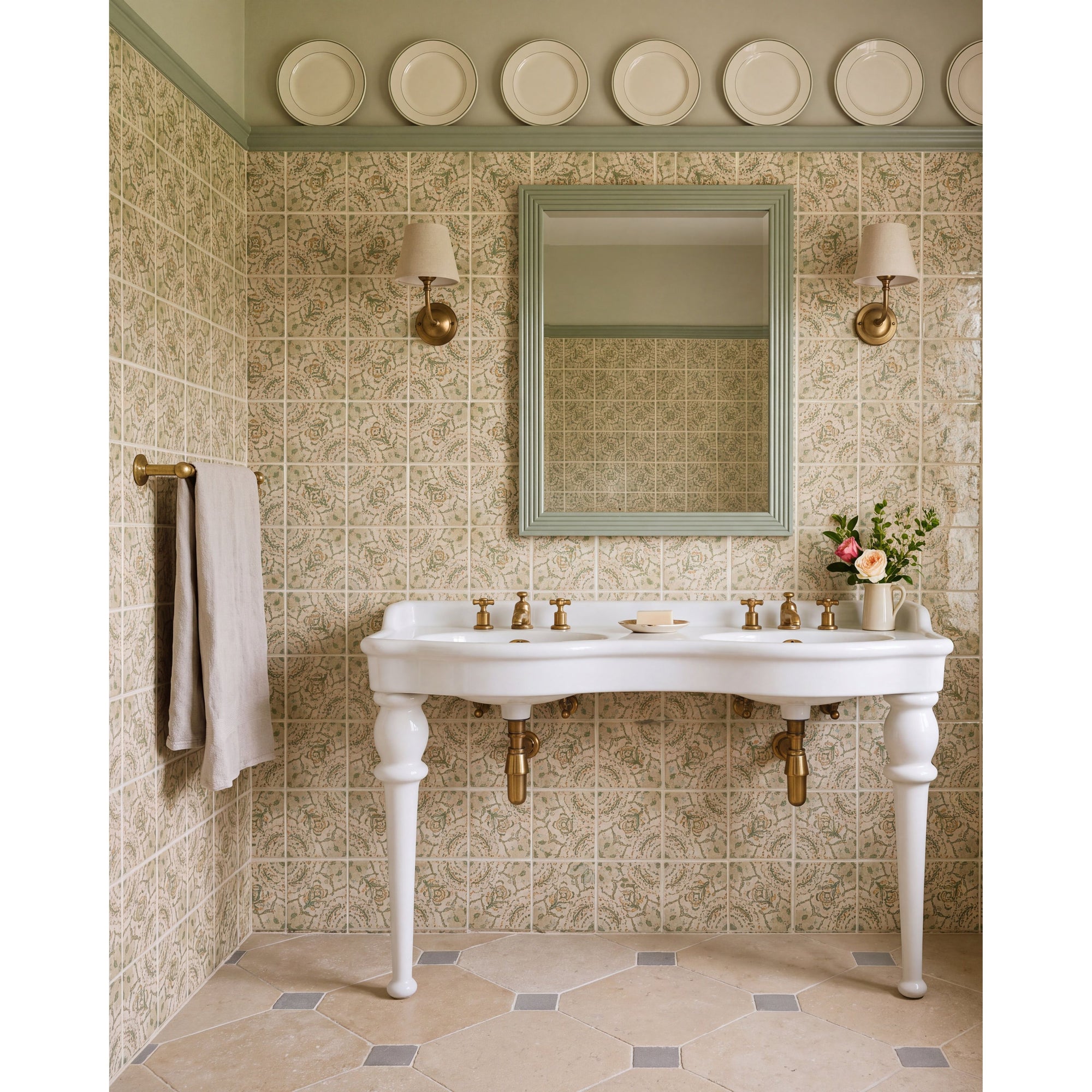 STUDIO Sanderson Anthos Sage ceramic tiles on a bathroom wall in soft sage green