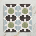 Studio souk green star ceramic four square ceramic tiles with olive green star geometric patterns on white background