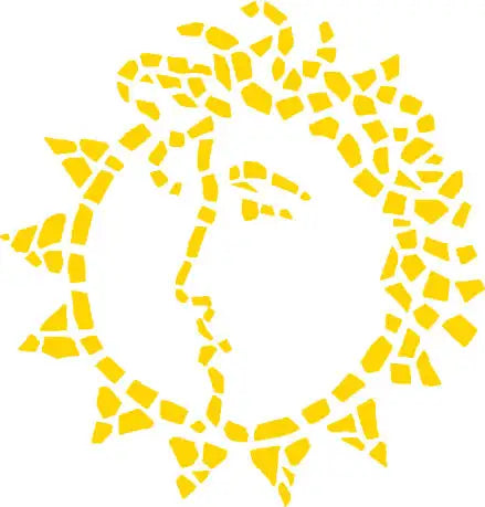 A stylized yellow mosaic sun logo with a face-like design.