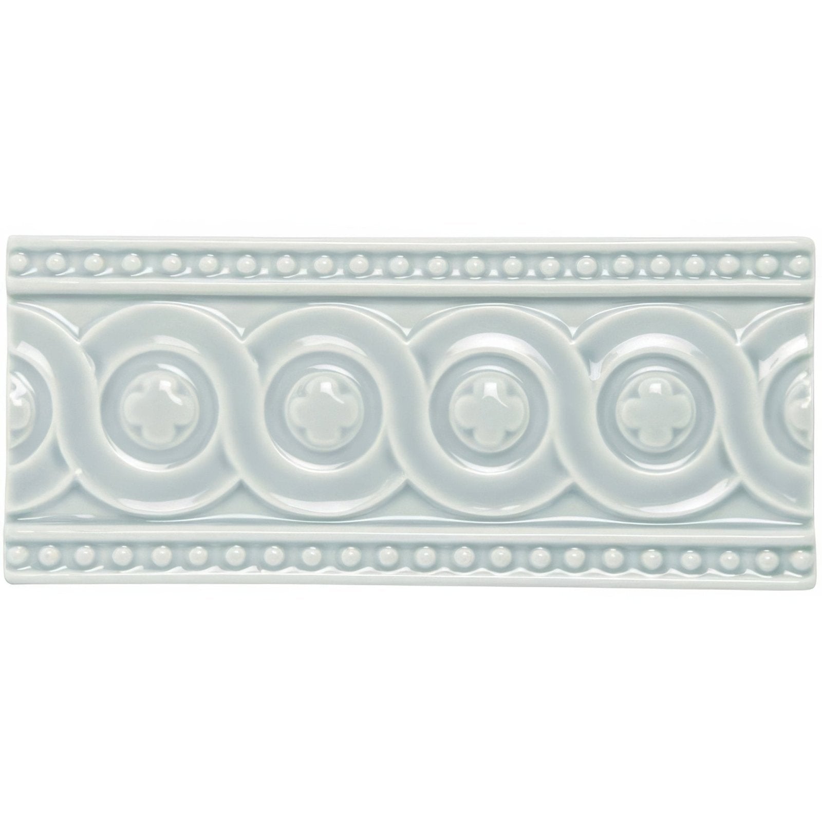 Light gray ceramic tile sudbury baroque with decorative repeating circular motifs and beaded borders