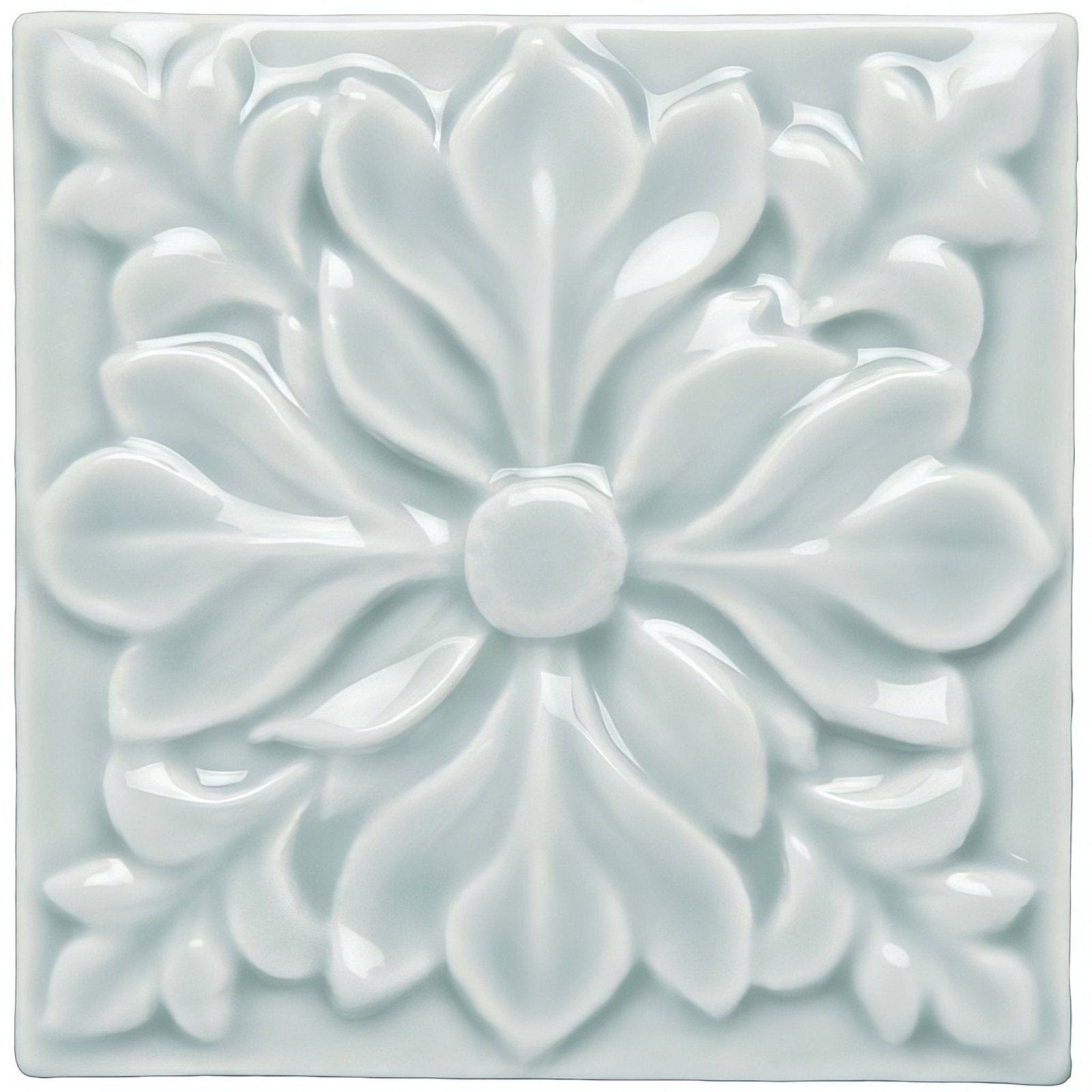A white glossy square ceramic tile with embossed floral design featuring symmetrical petals and leaf motifs Sudbury Hampstead