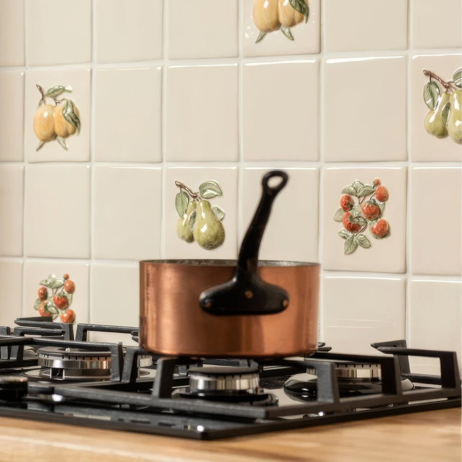 Summer Fruits Apple Handpainted Tile cream hand-painted apple tile with a copper saucepan
