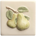 Cream-colored ceramic tile with raised relief of two green pears and leaves for summer fruits pear handpainted tile