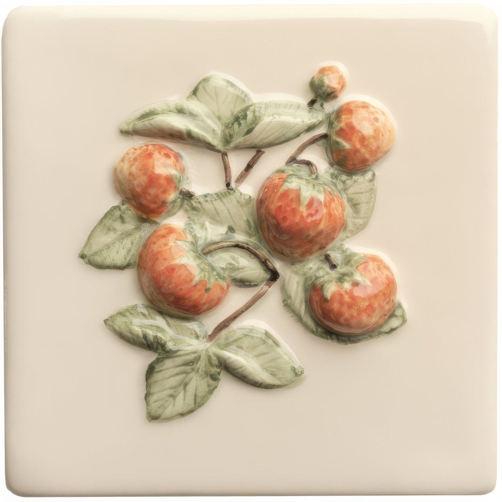 Cream-colored ceramic Summer Fruits strawberry handpainted tile with raised 3D relief of strawberries and green leaves