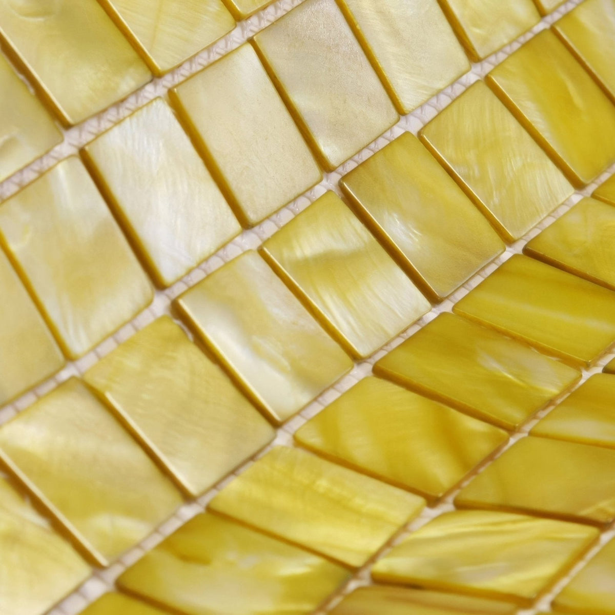 Yellow rectangular mother-of-pearl mosaic tiles with a glossy iridescent finish from summers day 25mm square collection
