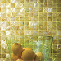 Summers Day 25mm Square golden iridescent mother-of-pearl mosaic with a green glass bowl of lemons