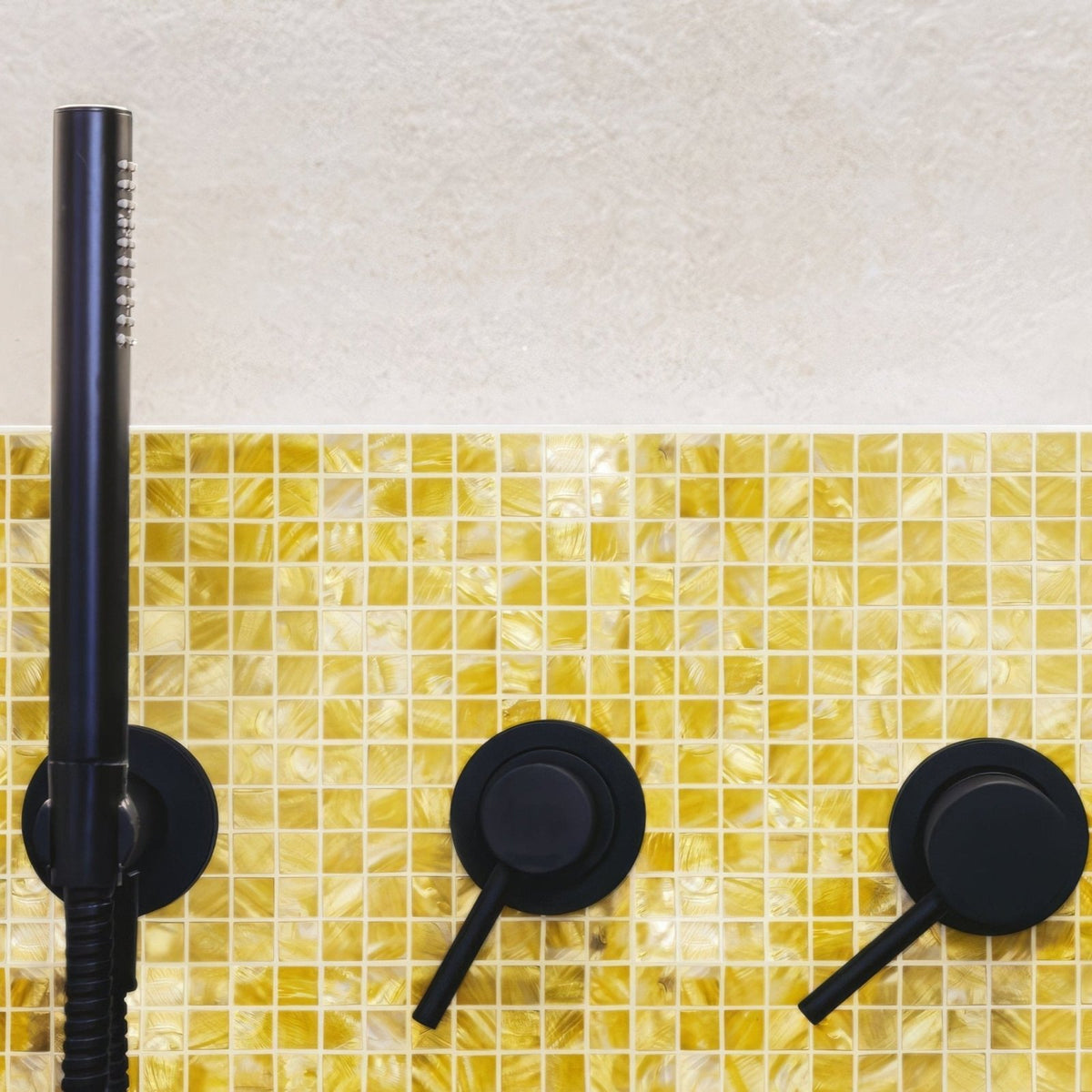 Summers Day 25mm Square golden iridescent mother-of-pearl mosaic with a black showerhead