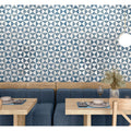 Blue and white geometric patterned ceramic wall tiles from the sunset blue collection for decorative use
