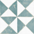 Teal and white triangular mosaic tile with distressed vintage finish in sunset green color for decorative use
