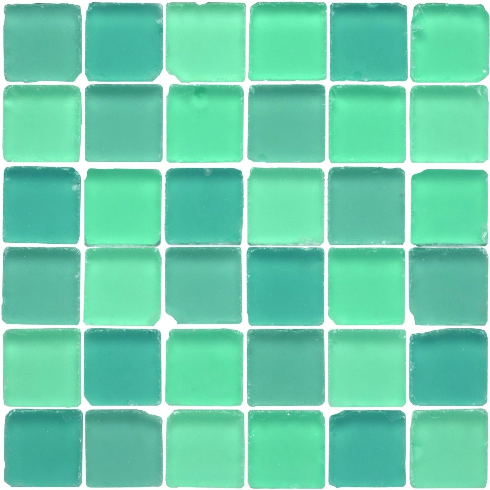 A mosaic tile panel of superior tumbled mixed 48 glass mosaic with square green glass pieces in a grid pattern