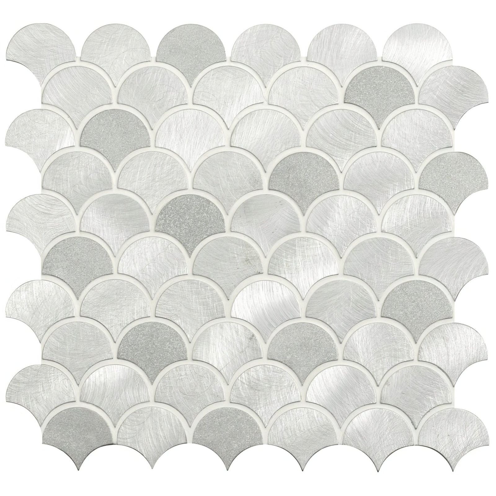 Surtur silver brushed scale aluminium mosaic tile with silver metallic fish-scale pattern and subtle tone variations