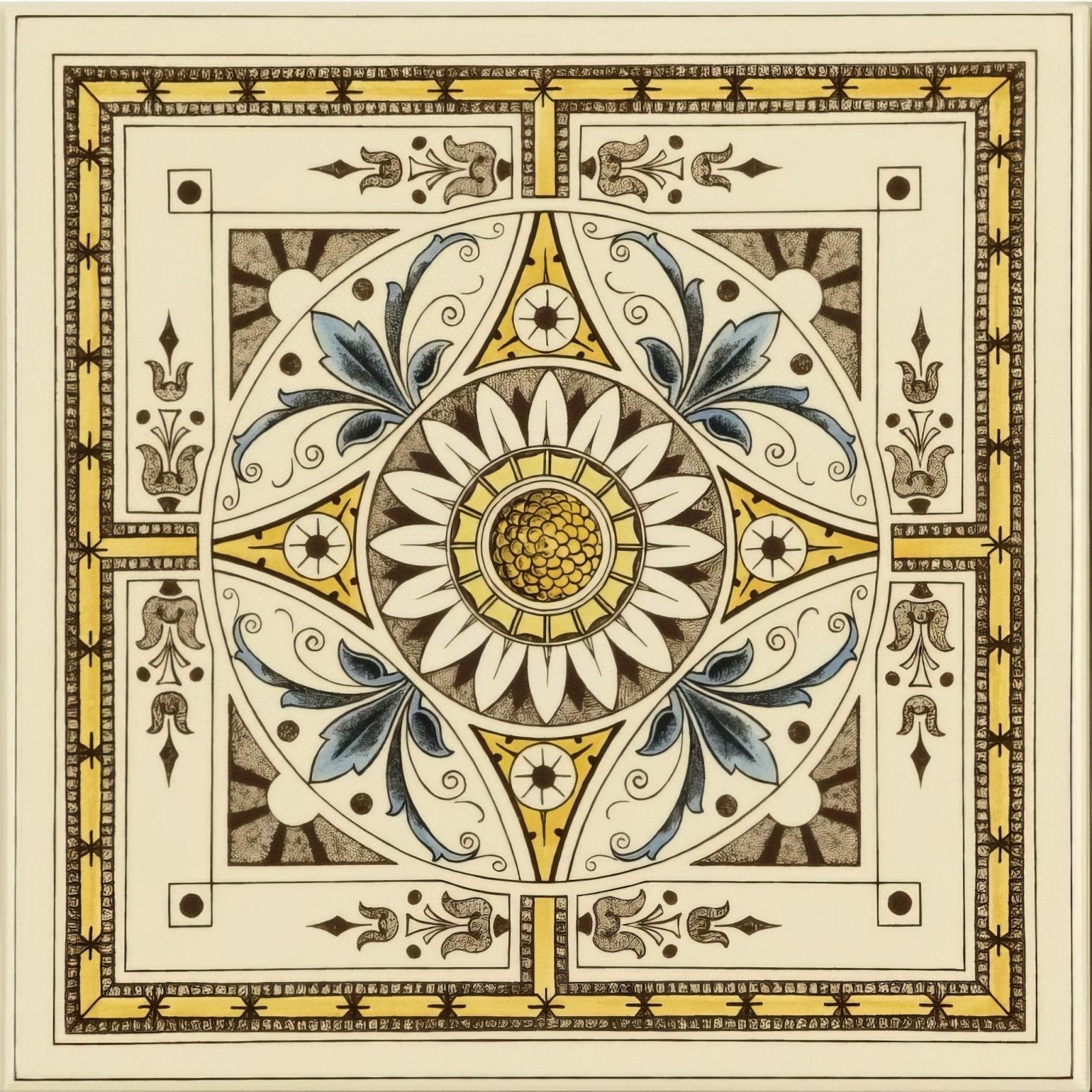 Symmetrical classical pattern single tile with sunflower motif and floral geometric designs in cream gold blue and brown tones on county white