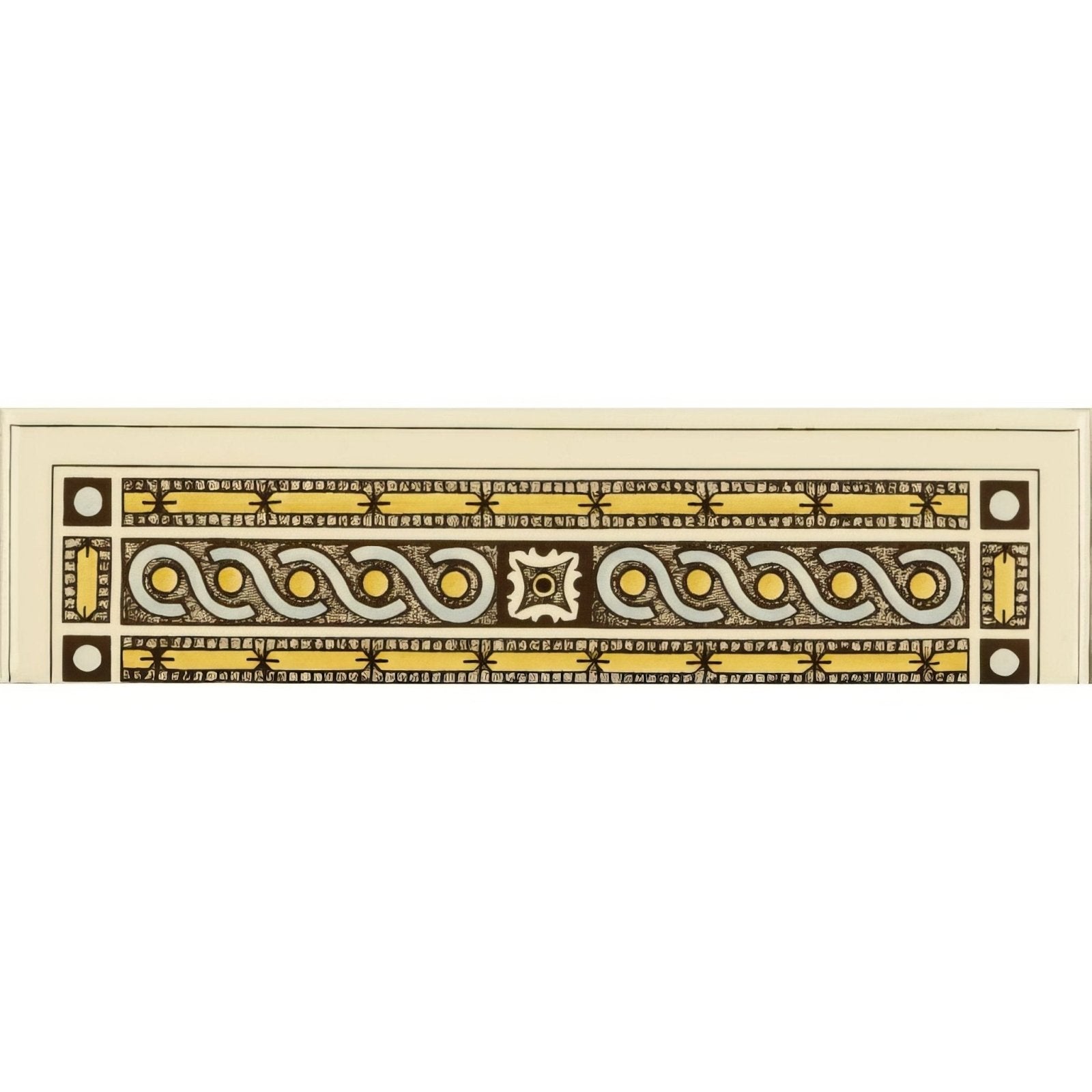 Beige and gold symmetrical classical quarter tile with ornate geometric and scrollwork patterns on county white background