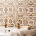 Symmetrical Floral Pattern Single Tile on County White in a bathroom setting