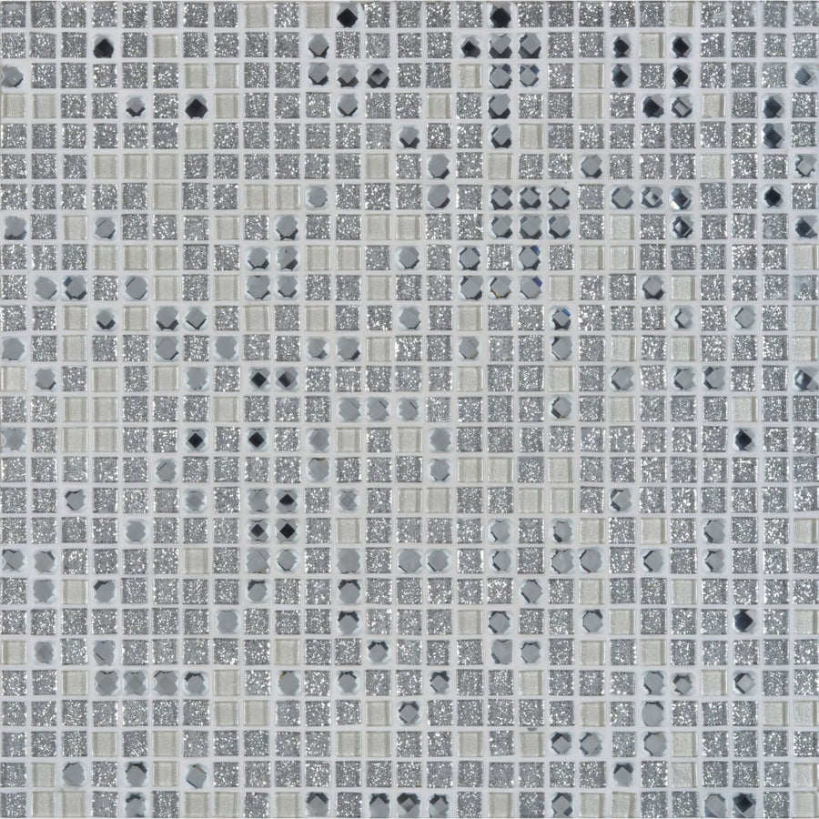 Silver glitter Taj glass mosaic tile featuring a grid of square and octagonal pieces in varying shades