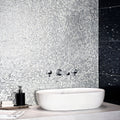 Shiny silver taj glass mosaic tile wall with modern reflective design made of glass for decorative surfaces