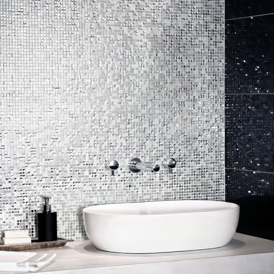 Shiny silver taj glass mosaic tile wall with modern reflective design made of glass for decorative surfaces