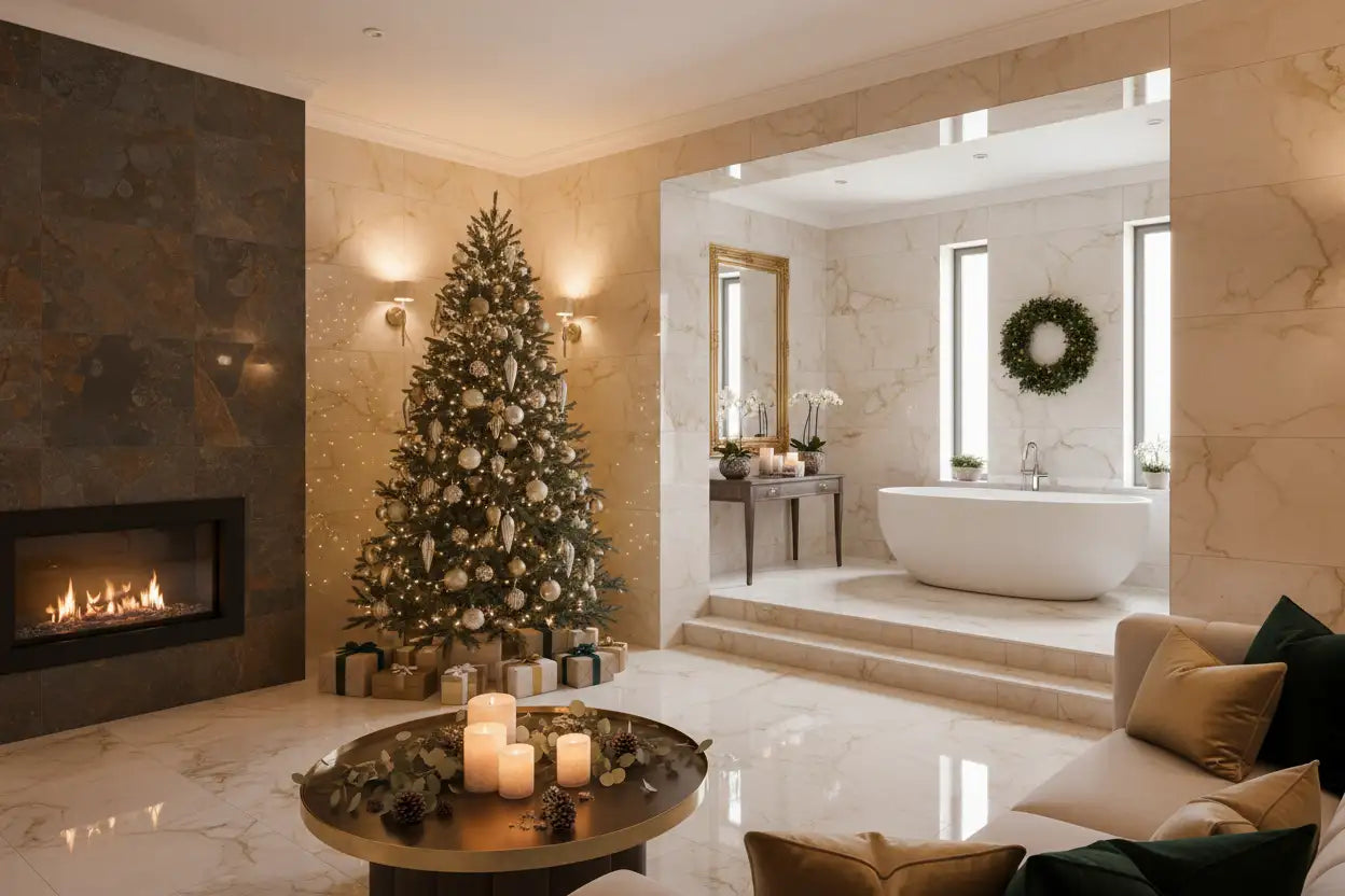 A tall, elegantly decorated christmas tree adorned with silver and white ornaments, positioned near a modern fireplace in a luxurious living space.