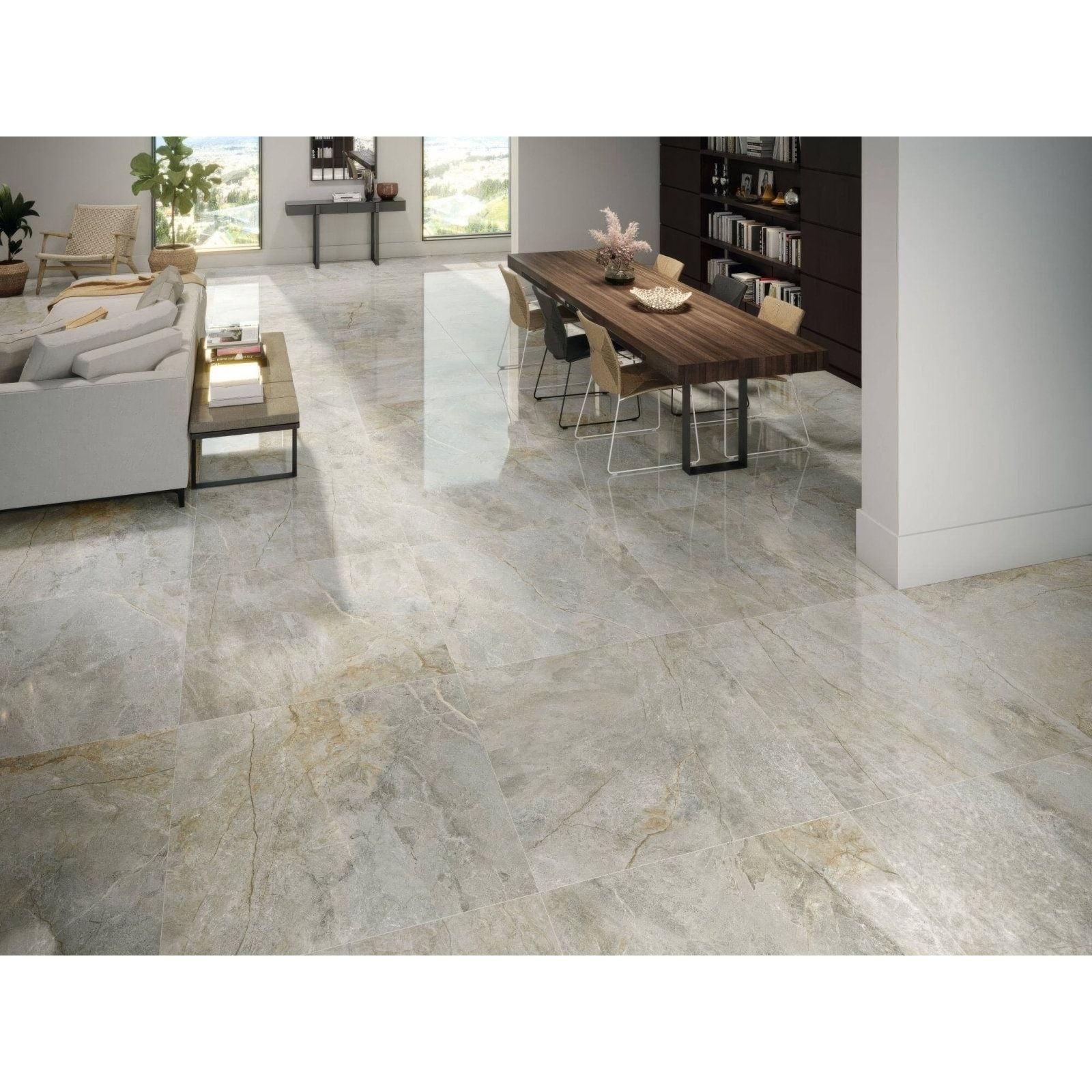 Támesis 1851 light polished gray marble-effect floor tiles with subtle beige veining for elegant interiors